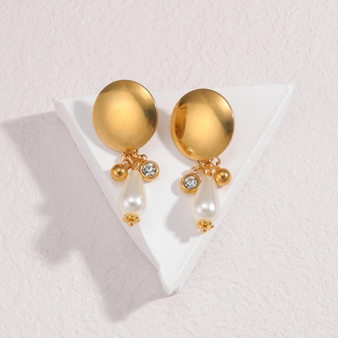 Orecchini Pendenti Geometrici Irregolari Con Acciaio Inossidabile Placcato Oro 18K Perla Artificial Sintetica E Zircone Per Donna