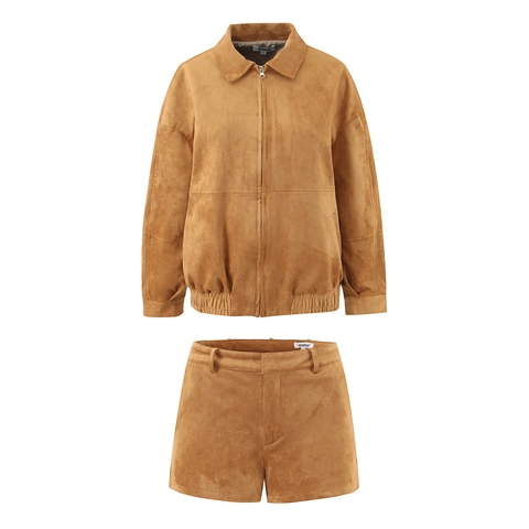 Women Suede Jacket And Shorts Casual Zipper Crop Coat High Waisted Pockets Streetwear Fashion Solid Color Brown