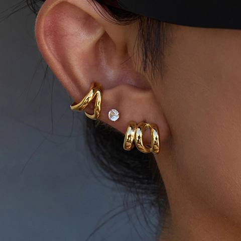 Stainless Steel Triple Layer Hollow Hoop Earrings 14K Gold Plated Waterproof Hypoallergenic Geometric C-Shape For Women
