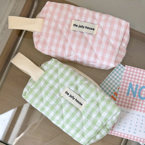 Gesteppte Gingham Kosmetiktasche Baumwolle Make-Up Beutel Tragbarer Reise Organizer Weiche Karostoff Handtasche Für Damen