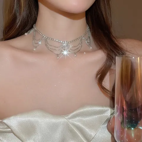 Multi Layer Strass Franje Choker Ketting Met Imitatie Kunstparel En Waterdruppel Kristal Voor Dames Elegant Feest