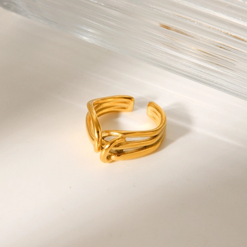 Knotted Stainless Steel Ring For Women 18K Gold Plated Minimalist Linear Winding Design Adjustable Open Finger Ring Jewelry