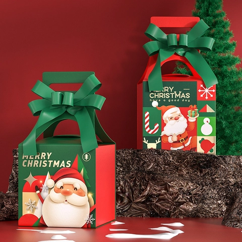 Weihnachts Geschenkschachteln Karton Handheld Verpackung Für Süßigkeiten Geschenke Mit Bandschleife Cartoon Weihnachtsmann Muster