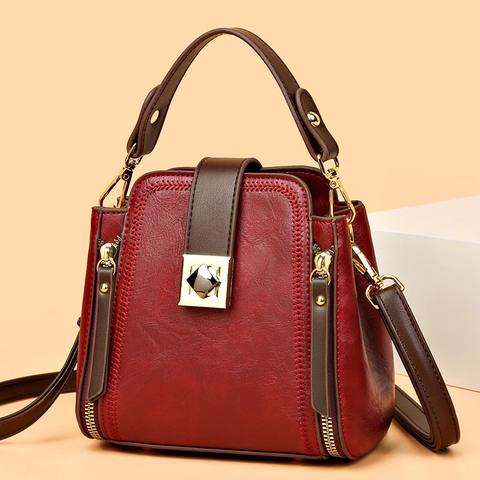 Women Retro Bucket Bag PU Leather Handbag With Gold Lock And Detachable Shoulder Strap Contrast Color Crossbody Bag