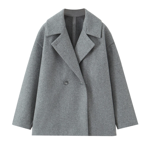 Women Woolen Short Coat Double Breasted Lapel Loose Fit Solid Color Autumn Winter Fashion Jacket Outwear