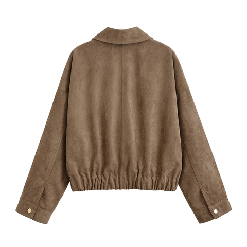 Women Faux Suede Jacket Zip Up Long Sleeve Outerwear With Flap Pockets Turn Down Collar Casual Vintage Solid Color