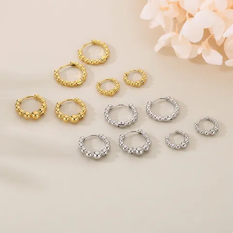 Orecchini A Cerchio Con Perline In Acciaio Inossidabile Per Donna Oro Argento Sfera Di Metallo Texture Vintage Minimalista