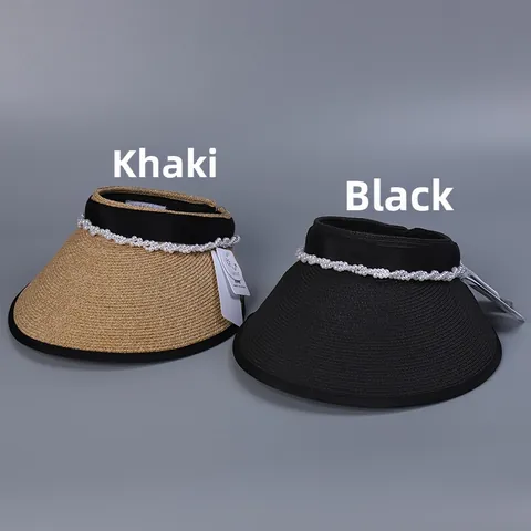 Cappello a Visiera Parasole in Paglia di Carta Elegante da Donna Con Decorazione in Perle Sintetiche Tesa Larga Protezione UV Spiaggia