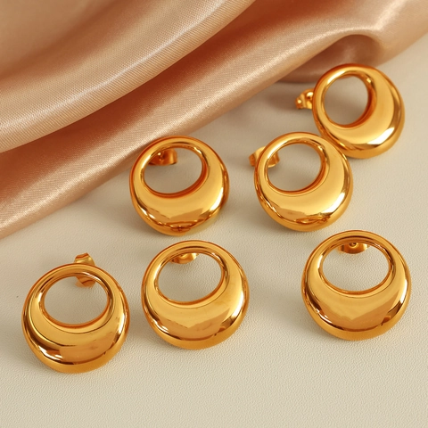 Boucles d'Oreilles Anneaux Creux en Acier Inoxydable Plaqués Or Style Français Minimaliste Géométrique Forme O Bijoux pour Femmes