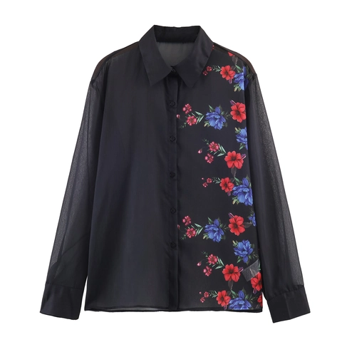 Women Chiffon Blouse Sheer Floral Print Long Sleeve Button Up Shirt Loose Turn-down Collar Casual Fashion Top