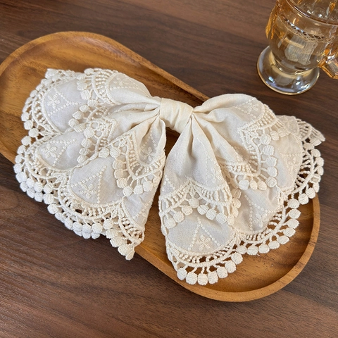 Große Schleife Haarklammer Vintage Spitze Stickerei Baumwolle Mit Gewelltem Rand Feder Haarspange Für Frauen Elegant