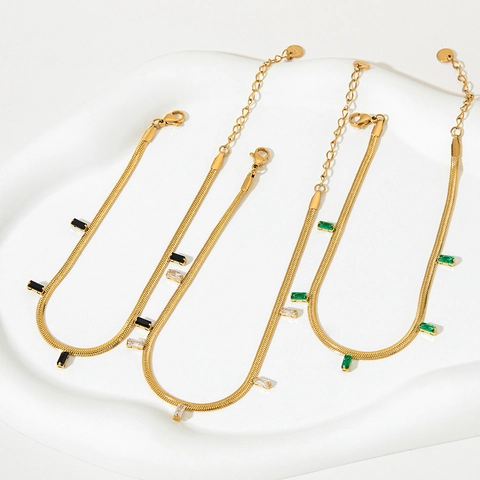 Stainless Steel Gold Plated Snake Bone Chain Anklet For Women With Rectangle Zircon Pendant Minimalist Jewelry
