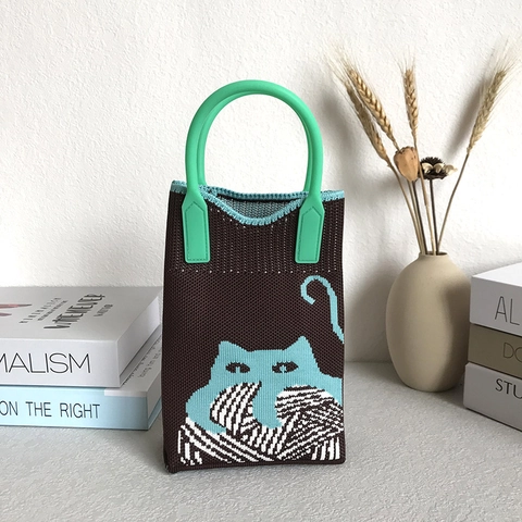 Mini Bolso De Punto Patrón De Gato De Dibujos Animados Poliéster Color De Contraste Retro Estilo Coreano Bolso De Mano