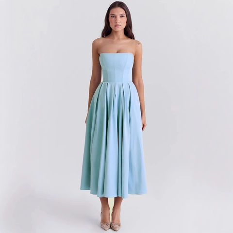 Strapless Boned Midi Dress Polyester Slim Fit Backless Flare Pleated Evening Party Formal Wear For Women