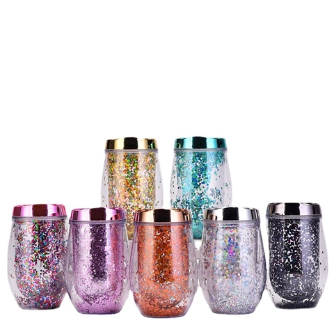 Double Layer Glitter Plastic Cup Egg Shaped Tumbler With Lid Colorful Sequin Acrylic Travel Water Bottle