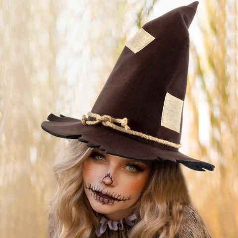 Cappello Da Strega Spaventapasseri Halloween In Tessuto Appuntito Con Corda E Toppe Per Festa Cosplay Accessorio Costume Vintage