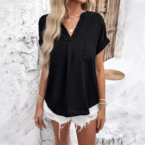 Dames Blouse Met Korte Mouwen V Hals En Swiss Dot Casual Zomer Getextureerd Shirt Met Zakken