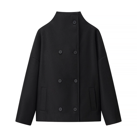 Giacca Corta In Lana Da Donna Doppio Petto Collo A Camino Elegante Colore Solido Cappotto