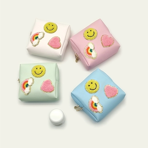 Square Cosmetic Bag PU Leather Chenille Patch Smile Rainbow Heart Makeup Pouch Travel Organizer Portable Zipper Storage