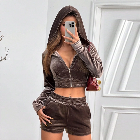 Fluwelen Trainingspak Met Crop Top Met Capuchon En Rits En Shorts Met Hoge Taille Casual Lounge Kleidung Dames Bruin