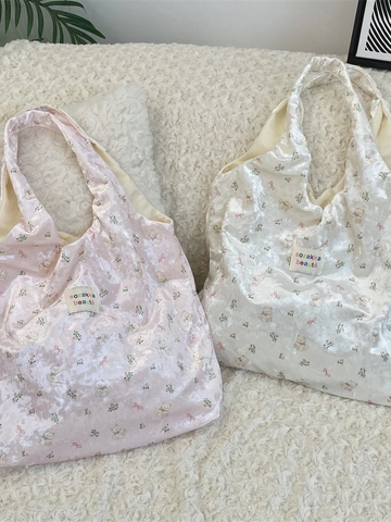 Sac À Main Fourre-Tout Pour Femme En Velours Écrasé Nacré Motif Ours Et Fleurs Grande Capacité Sac De Navette
