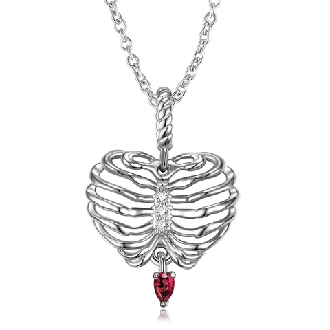 Collana con Pendente a Gabbia Toracica a Cuore in Argento Sterling S925 Gotico Strass Rosso Gioielli Estetici Regalo per Donna