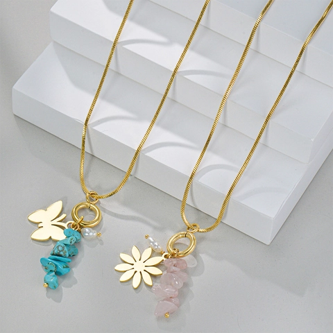 Damen Edelstahl Schmetterling Naturstein Anhänger Halskette Gold Schlangenkette Mit Künstliche Perle Schmuck Halskette