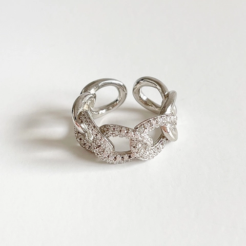 925 Sterling Silber Ineinandergreifender Kubanischer Gliederkettenring Mit Zirkonia Offen Verstellbar Modeschmuck