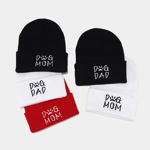 Strickmütze Acryl Bestickung Dog Mom Dad Warm Winter Outdoor Weiche Umschlagmütze Für Unisex Tierliebhaber