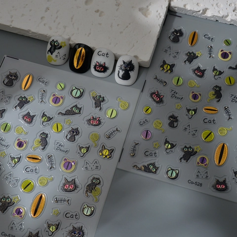 Autocollants Ongles Relief 5D Chat Noir Yeux Arête Poisson Design Étanche Manucure DIY Gothique Mignon Stickers Femmes