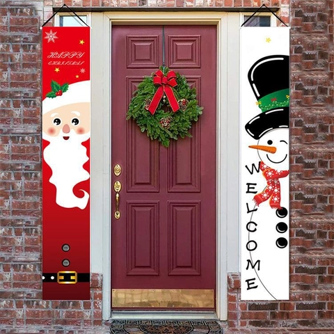 Kerst Veranda Banner Polyester Oxford Doek Hangende Deur Decoratie Kerstman Sneeuwpop Patroon Voor Vakantie Decor