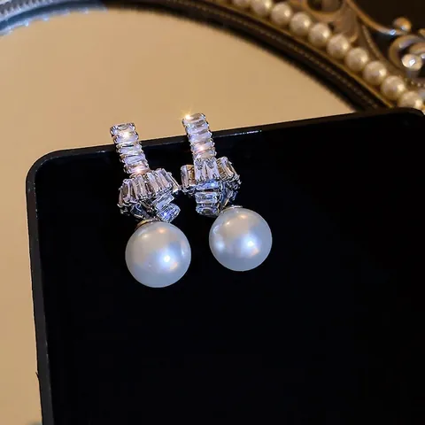 Elegant Knot Artificial Pearl Drop Earrings With Zircon Inlay Geometric Copper Jewelry For Women With Silver Earring Post
