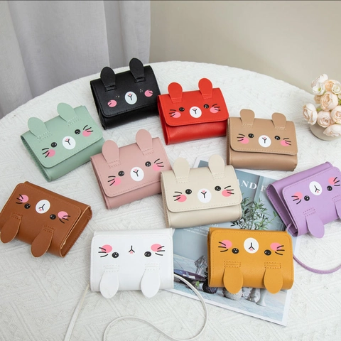 Kids Mini Crossbody Bag PU Leather Cartoon Rabbit Cat Face Shoulder Purse Small Handbag For Girls Cute Stylish