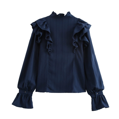 French Retro Ruffle Blouse Textured Polyester Mock Neck Bubble Long Sleeves Elegant Loose Shirt Dark Blue