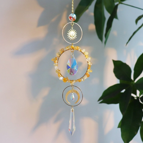 Crystal Suncatcher Hanging Ornament With Metal Sun Moon Prism Ball Rainbow Maker Natural Stone Boho Window Garden Decor