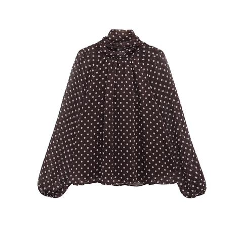 Gepunktete Langarmbluse Polyester Schluppenhemd Retro Laternenärmel Eleganter Top Damen