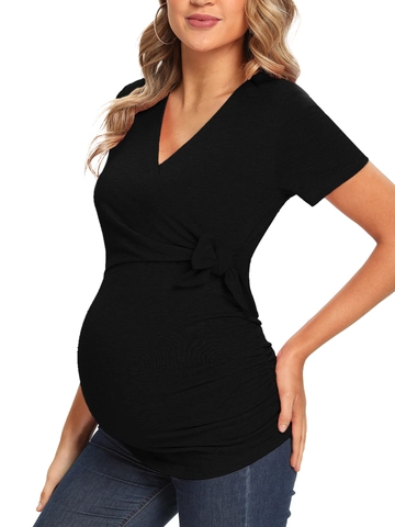 Maglia Premaman Manica Corta Scollo A V Incrociata Fiocco Laterale T-Shirt Elastica Per Donne Incinte Casual