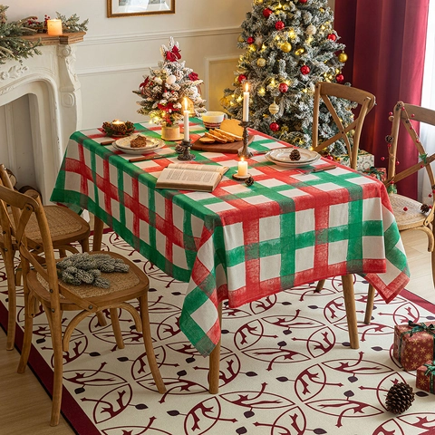 Nappe De Noël À Carreaux Rouge Et Vert Rectangulaire En Polyester Couverture De Table Décoration De Fête Style Rétro Américain