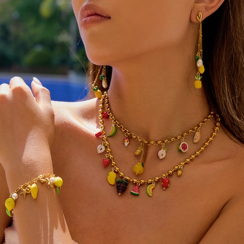 Bracciale Con Ciondoli Frutta In Acciaio Inossidabile Con Smalto Limone Stella Marina Perla Artificial Gioielli Estivi Da Donna