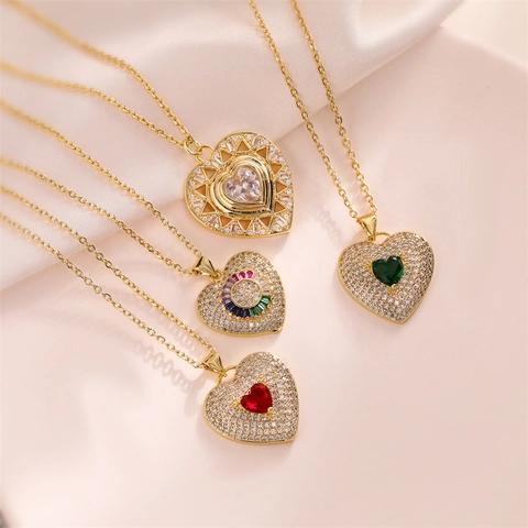Collana Con Ciondolo a Cuore in Rame Placcato Oro Zirconia Elegante Gioielleria di Cristallo Colorato per Donna Matrimonio Regalo
