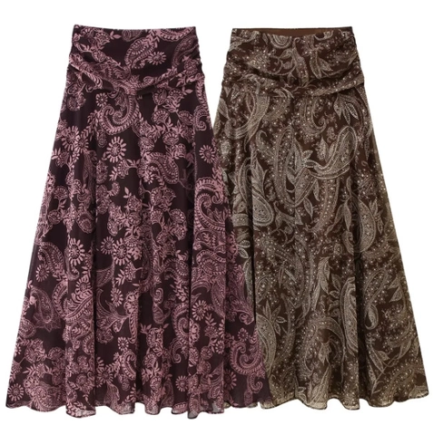 Damen Paisley Print Maxi Rock Hohe Taille Chiffon A-Linie Vintage Bohemian Lange Röcke