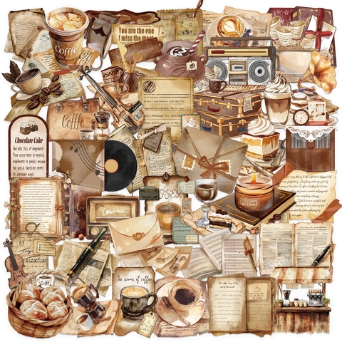 Adesivi Caffè Vintage Impermeabili Trasparenti PET Decorazione Scrapbook Caffè Violino Radio Per Diario Laptop