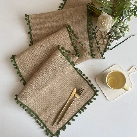Jute Tischläufer Mit Pompon Rand Natürliche Sackleinen Gewebte Tischdecke Rustikale Böhmische Hochzeit Feiertag Dekor