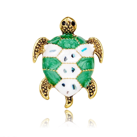 Vintage Gold Zinc Alloy Sea Turtle Brooch With Green White Enamel And Artificial Shell Inlay Rhinestone Animal Pin Jewelry