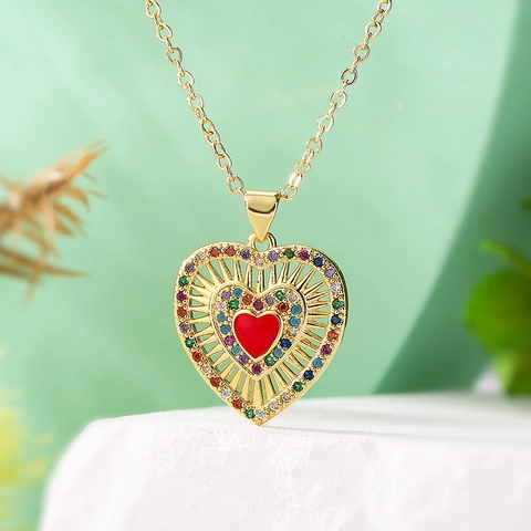 Heart Pendant Necklace Copper Real Gold Plated Colorful Cubic Zirconia Red Enamel Vintage Clavicle Chain For Women