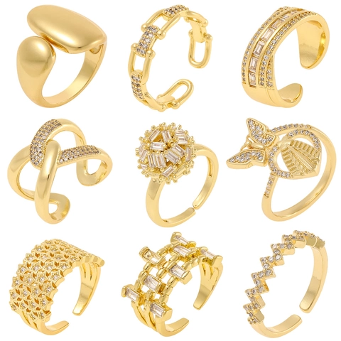 French Style Copper Zirconia Inlaid Open Ring Geometric Gold Plated Adjustable Band For Women Luxury Jewelry Gift