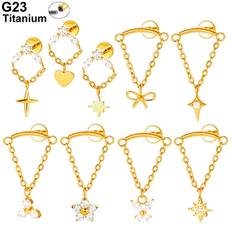 Titanium Labret Piercing Schmuck G23 Mit Kette Herz Schmetterling Stern Zirkonia Flache Rückseite Ohrknorpel Ohrring Damen