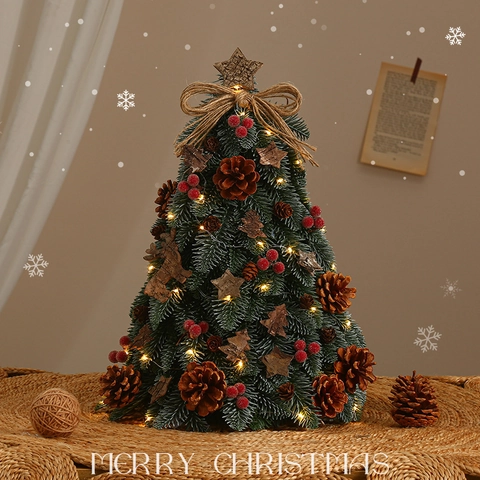 Desktop Mini Christmas Tree With LED Lights Ornaments PVC Wood Base Warm Holiday Home Decoration