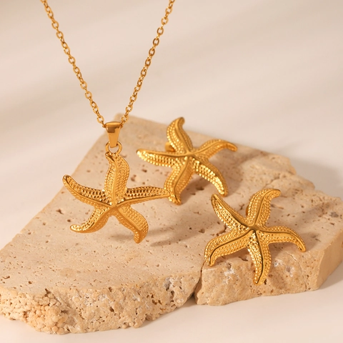 Starfish Pendant Necklace And Earrings Stainless Steel Ocean Style Textured Gold Plated Jewelry For Women