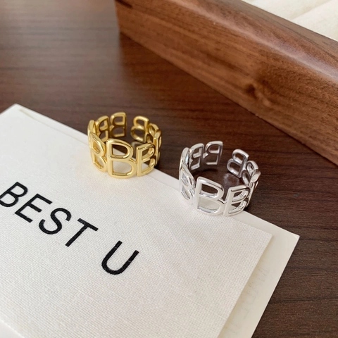 Adjustable Open Ring 925 Sterling Silver Hollow Repeating Letter B Design Modern Minimalist Fashion Accessory For Women